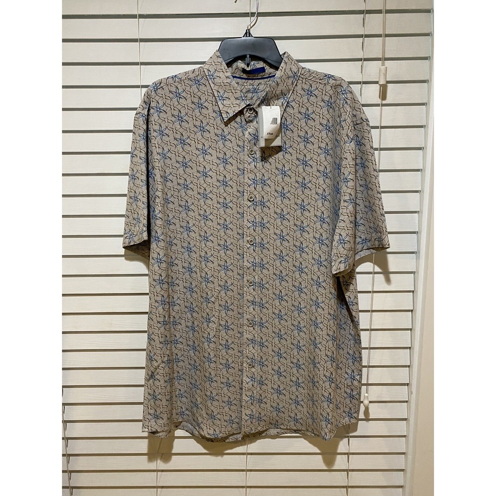 Age of Wisdom Mens XXL Short Sleeve Button Down Shirt Tan Blue Floral Geometric